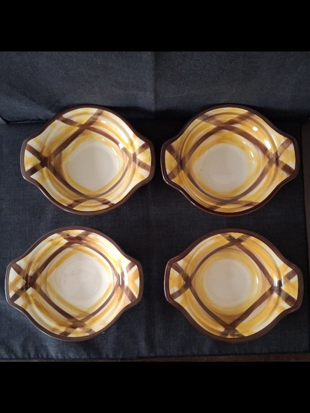 Vintage Vernon Kilns Dinnerware Organdie Brown Yellow Plaid Set 4 Lug Soup Bowls